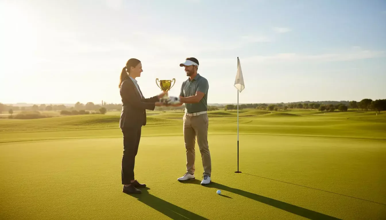 Golfer erhält einen Pokal auf dem Grün als Symbol für Bonusgewinne bei Golfwetten