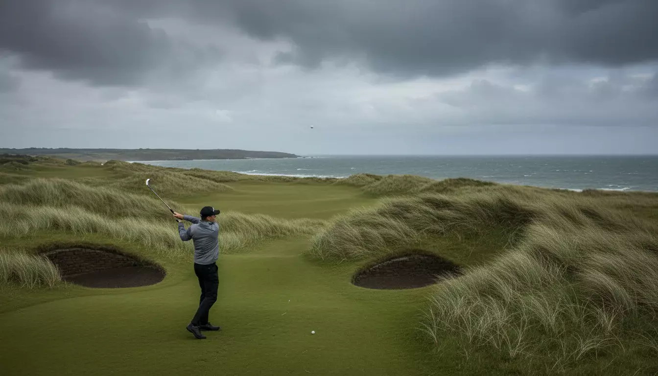 Golfspieler auf einem europäischen Links-Golfplatz bei einem DP World Tour Turnier