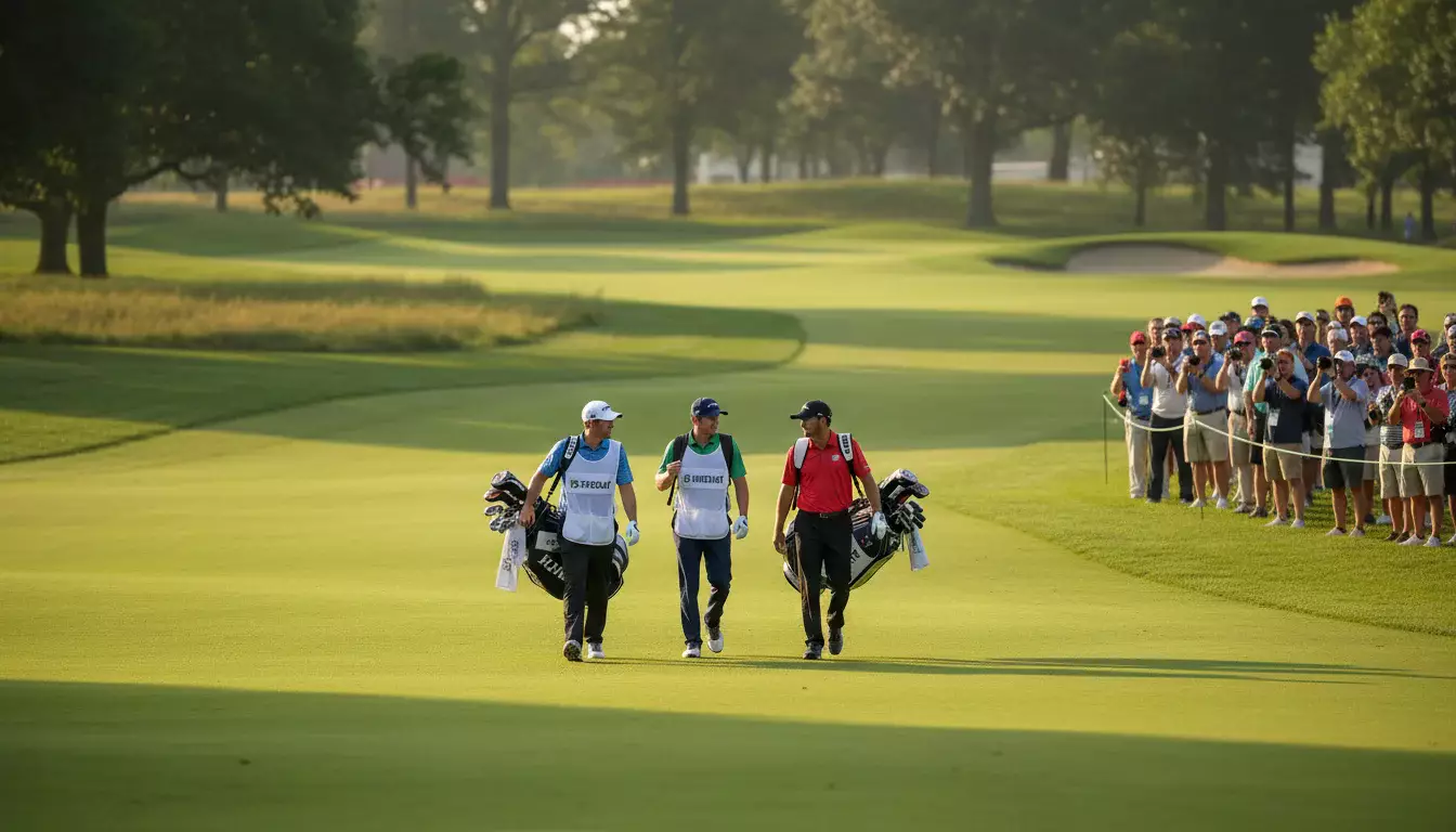Drei Golfspieler gehen gemeinsam über das Fairway