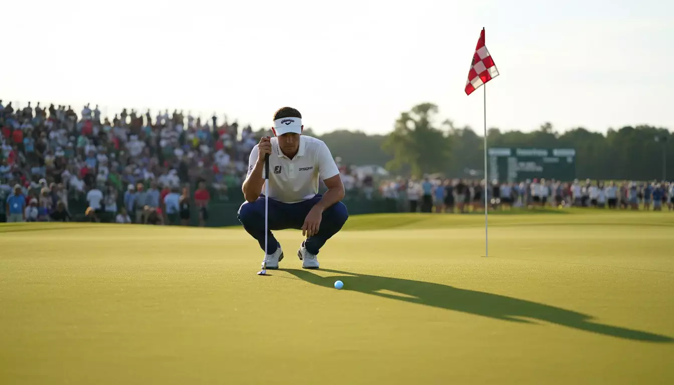 Golfspieler beim Putten mit Fahne im Hintergrund