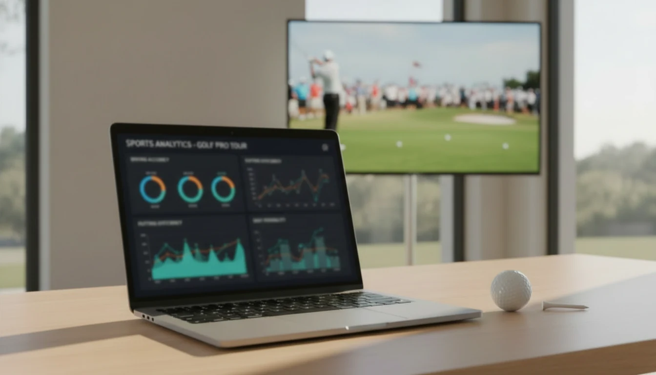 Laptop mit Sportwetten-Analyse und Golfturnier im Hintergrund