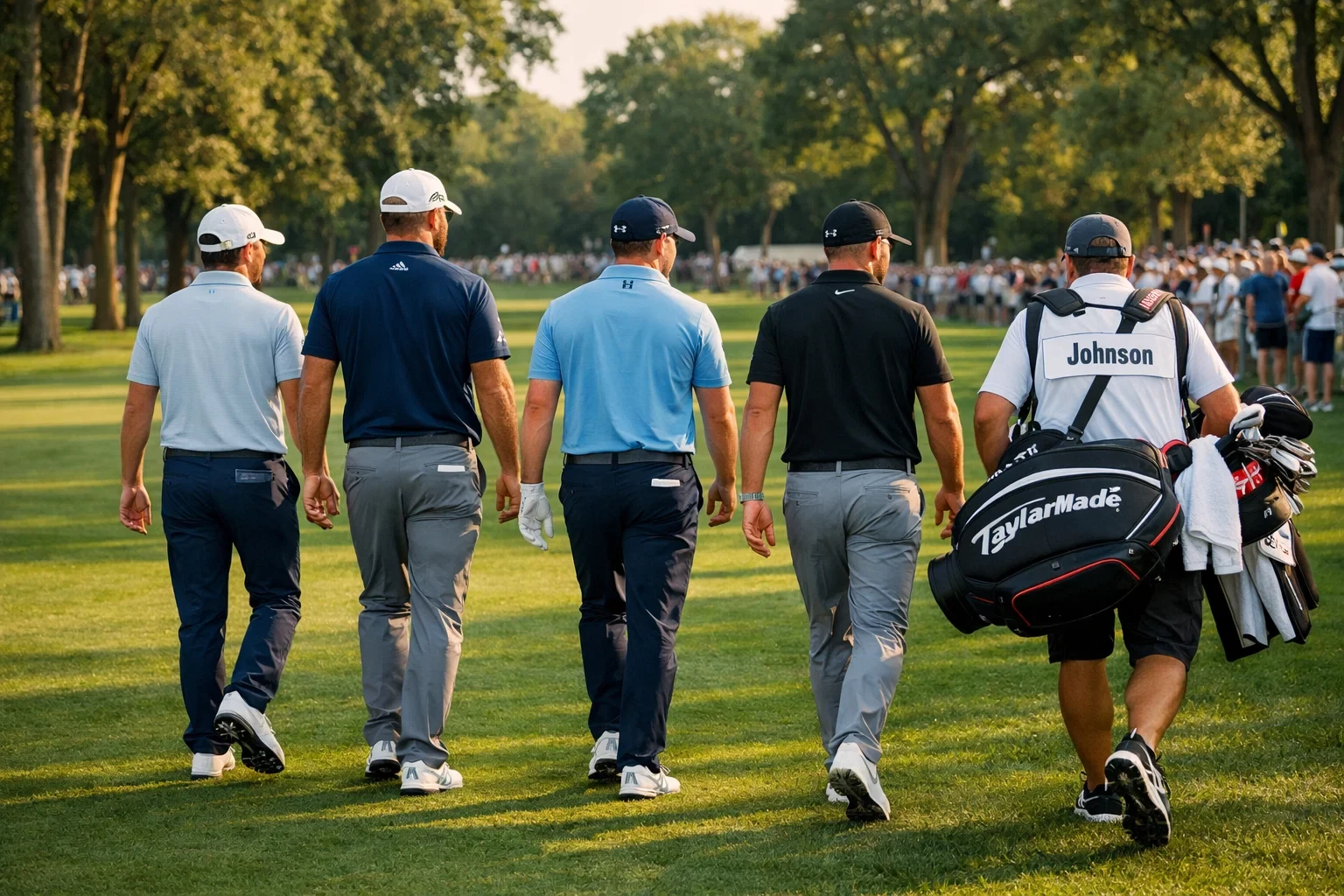 Mehrere Golfspieler auf dem Fairway während eines Turniers