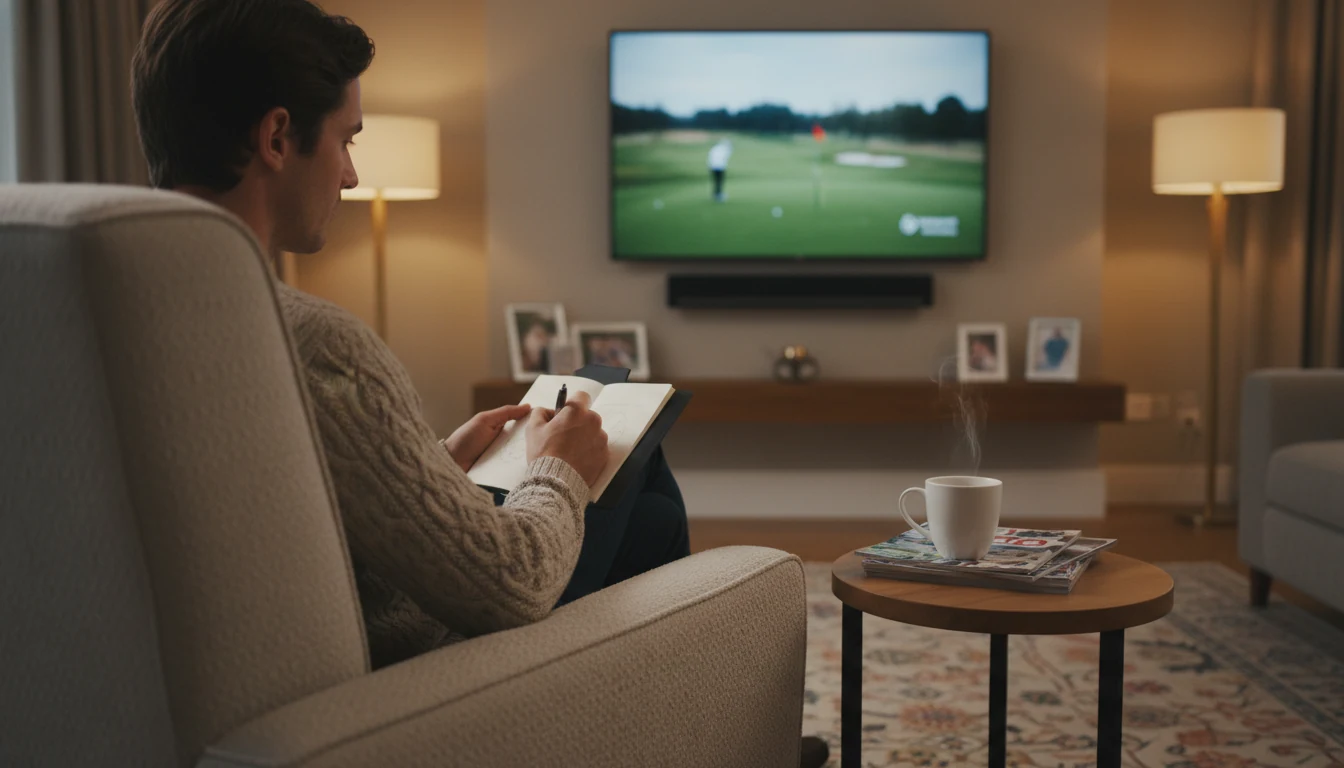 Person macht sich Notizen während Golfübertragung im Fernsehen