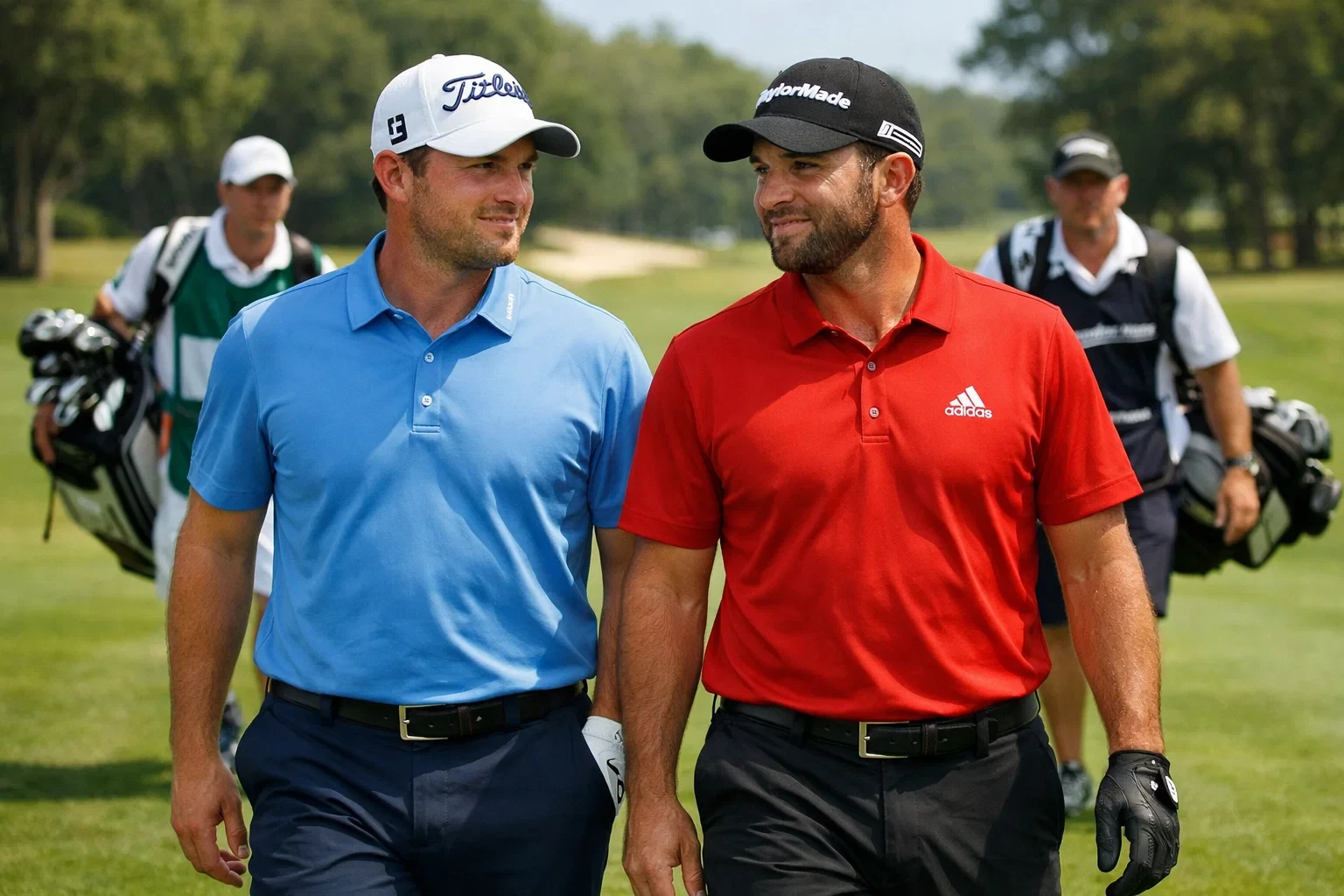 Zwei Golfspieler gehen zusammen über das Fairway