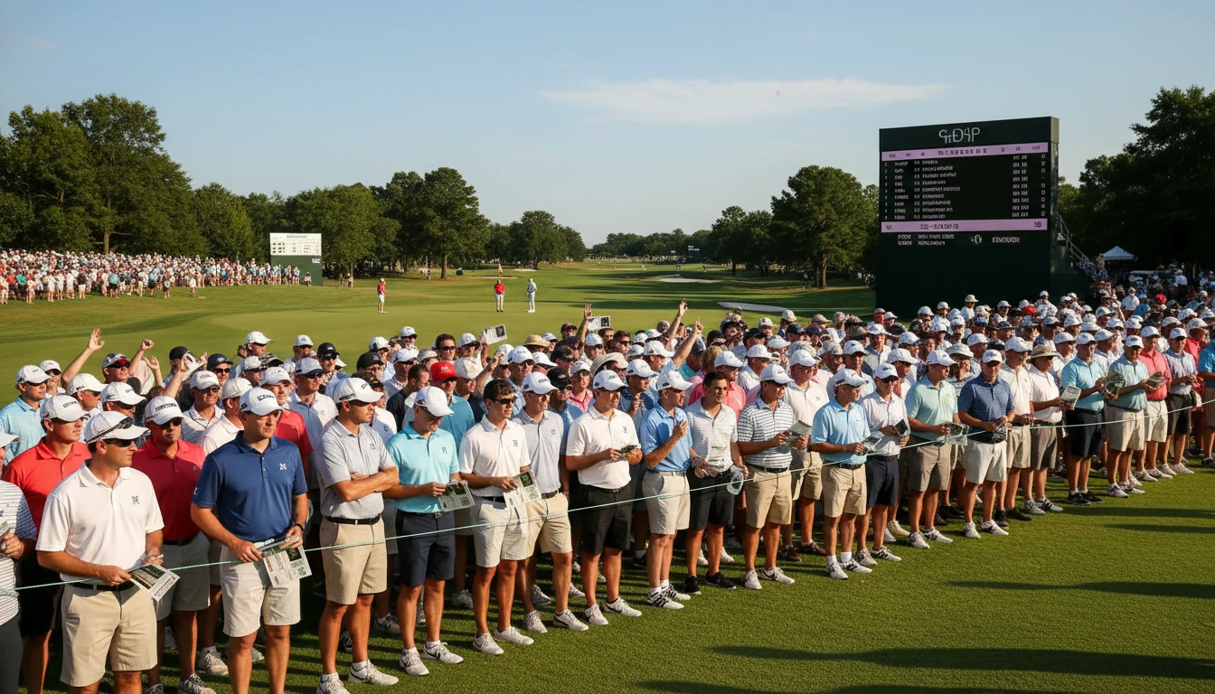 Zuschauer verfolgen ein Golfturnier am 18. Grün