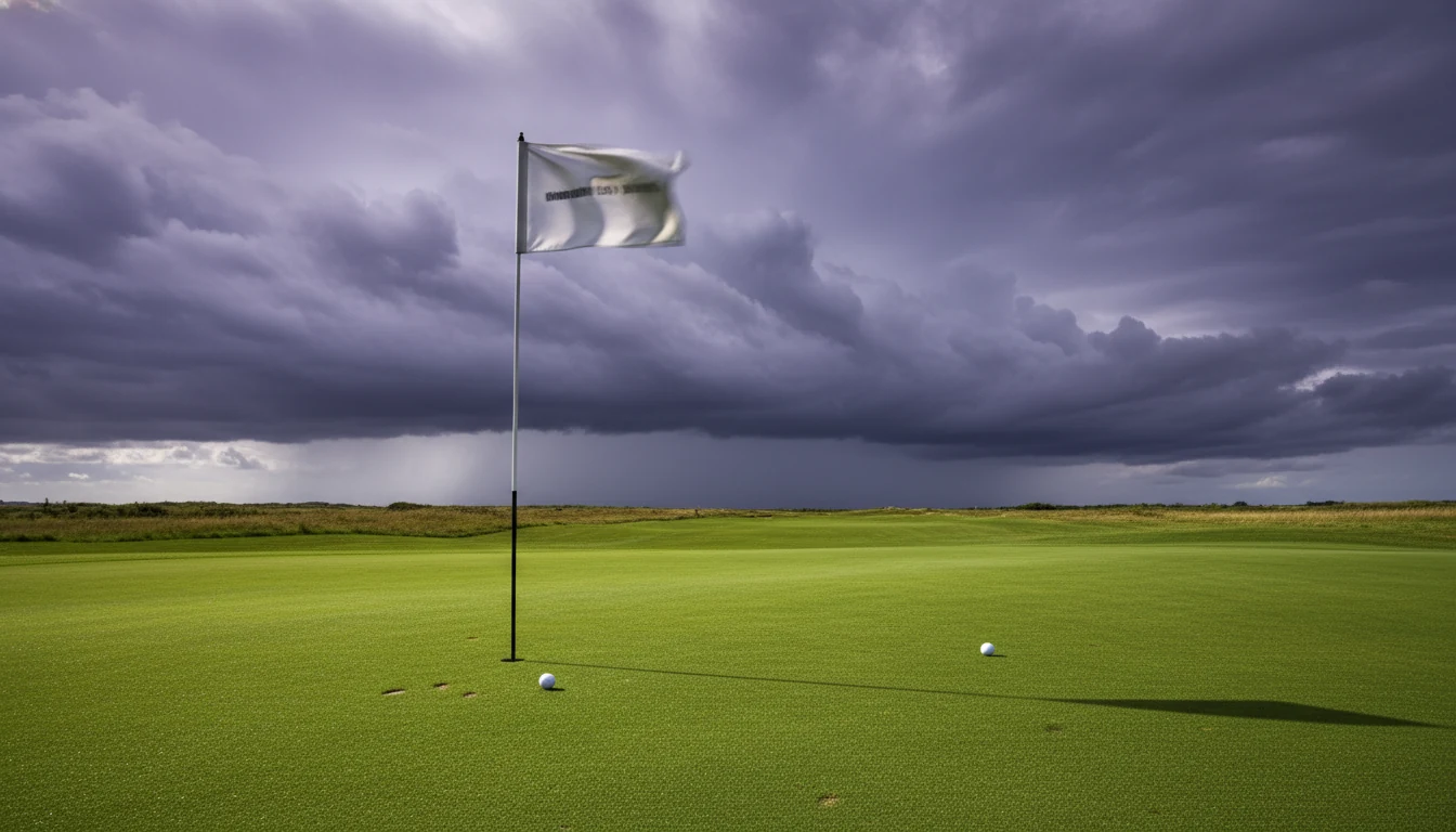 Wetterflagge weht auf Golfplatz mit dramatischem Himmel