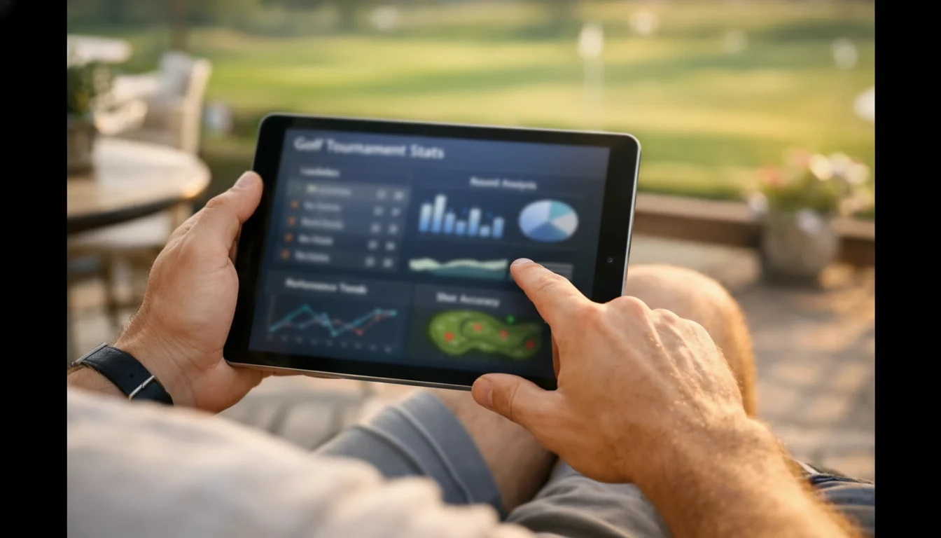 Person verfolgt Golfturnier auf Tablet mit Statistiken