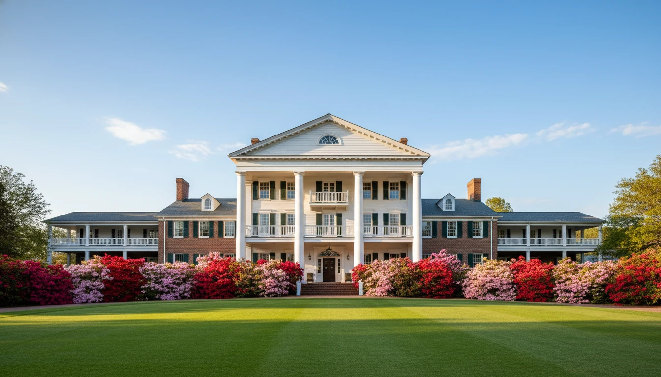 Augusta National Clubhaus mit der berühmten Magnolia Lane