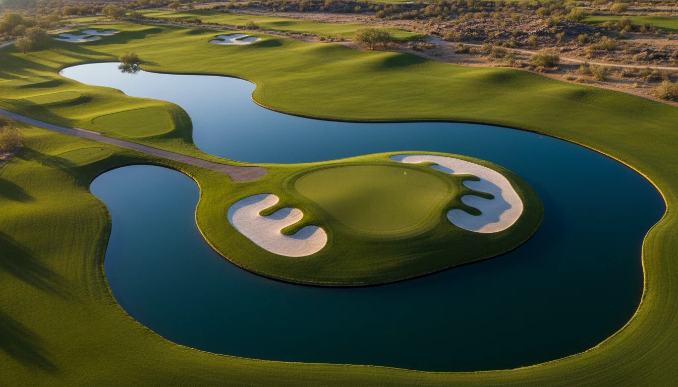 Luftaufnahme eines charakteristischen Golfplatzes mit Bunkern