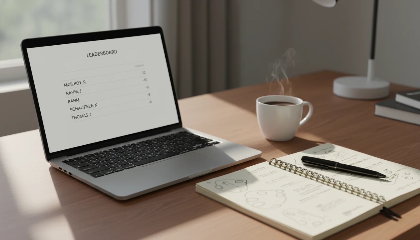 Laptop mit Golf-Leaderboard und Notizblock für Quotenanalyse