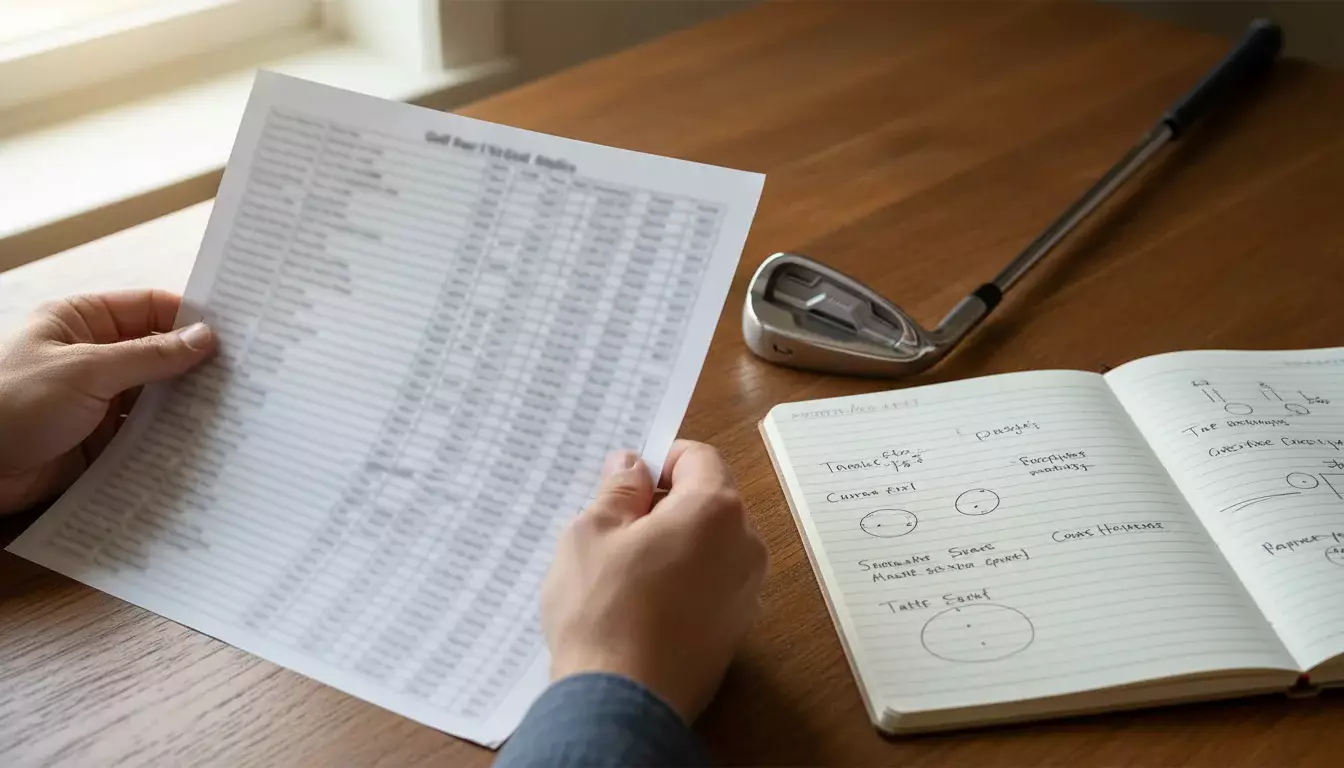 Person analysiert Golfwetten-Quoten auf einem Blatt Papier neben einem Golfschläger