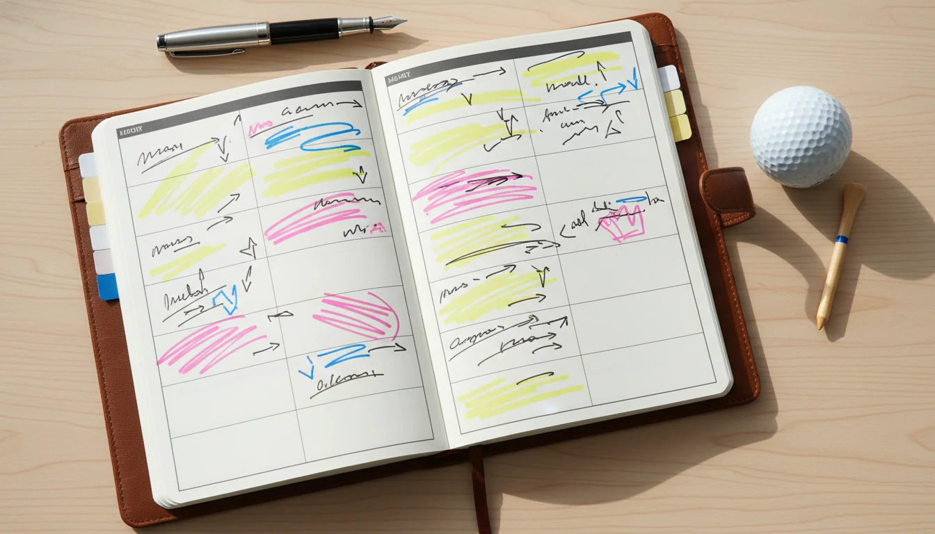 Geöffneter Planer mit markierten Golfturnieren und Golfball
