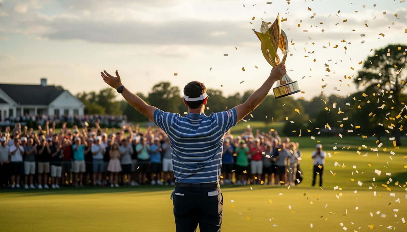 Golfspieler hebt Trophäe nach Turniersieg in die Höhe