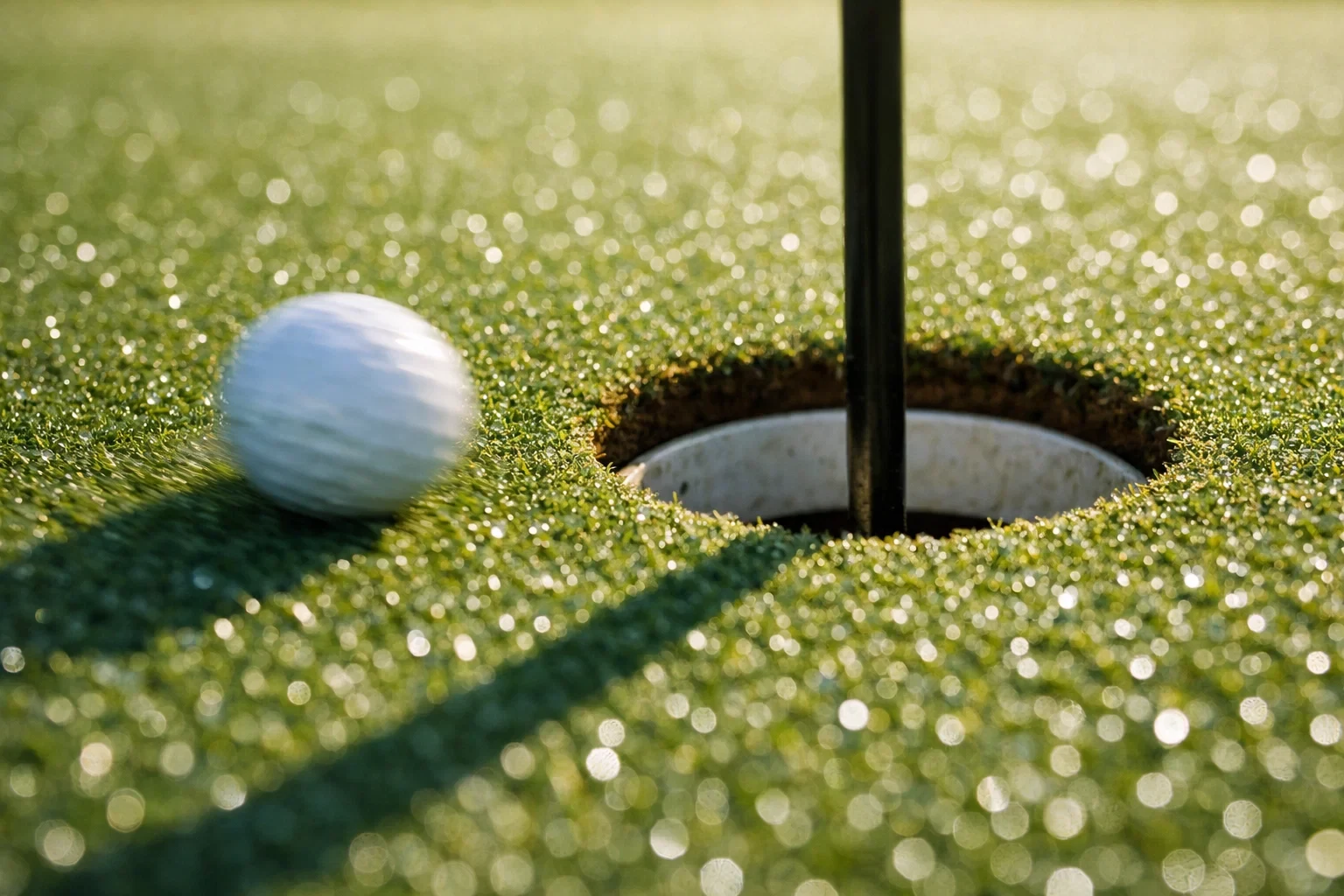 Golfball rollt Richtung Loch auf schnellem Grün