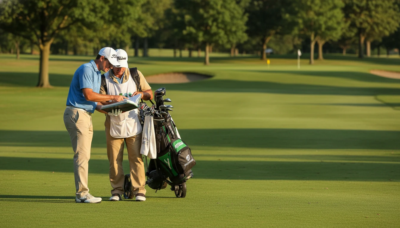 Golfspieler studiert die Platzkarte mit seinem Caddie