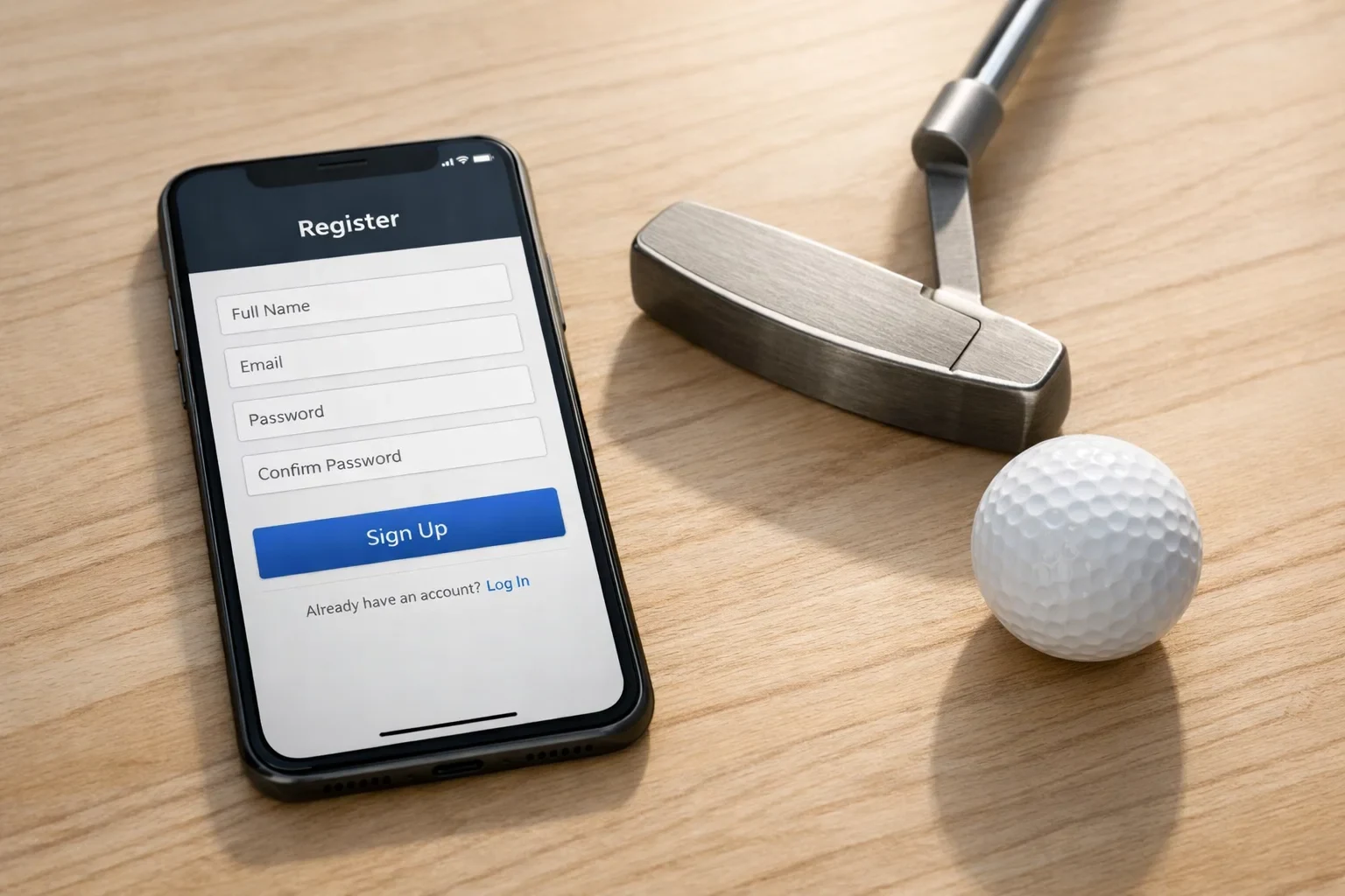 Smartphone mit Registrierungsformular und Golfschläger