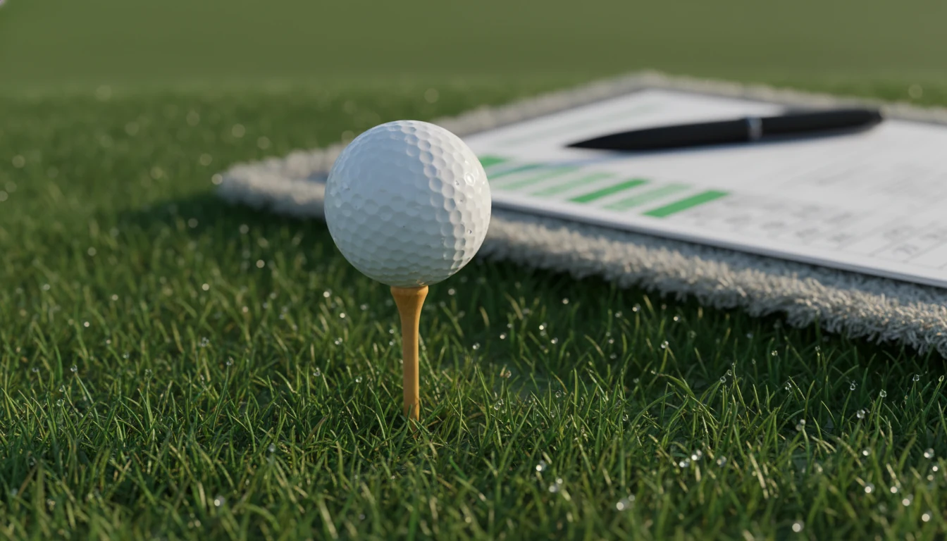 Golfball auf dem Tee mit Scorecard und Stift im Hintergrund