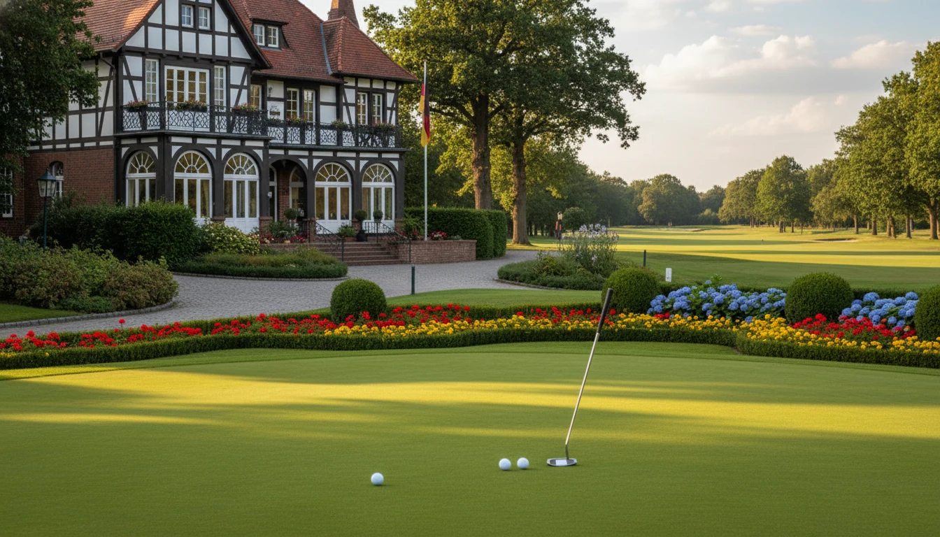 Golfschläger und Ball auf Rasen mit deutschem Clubhaus