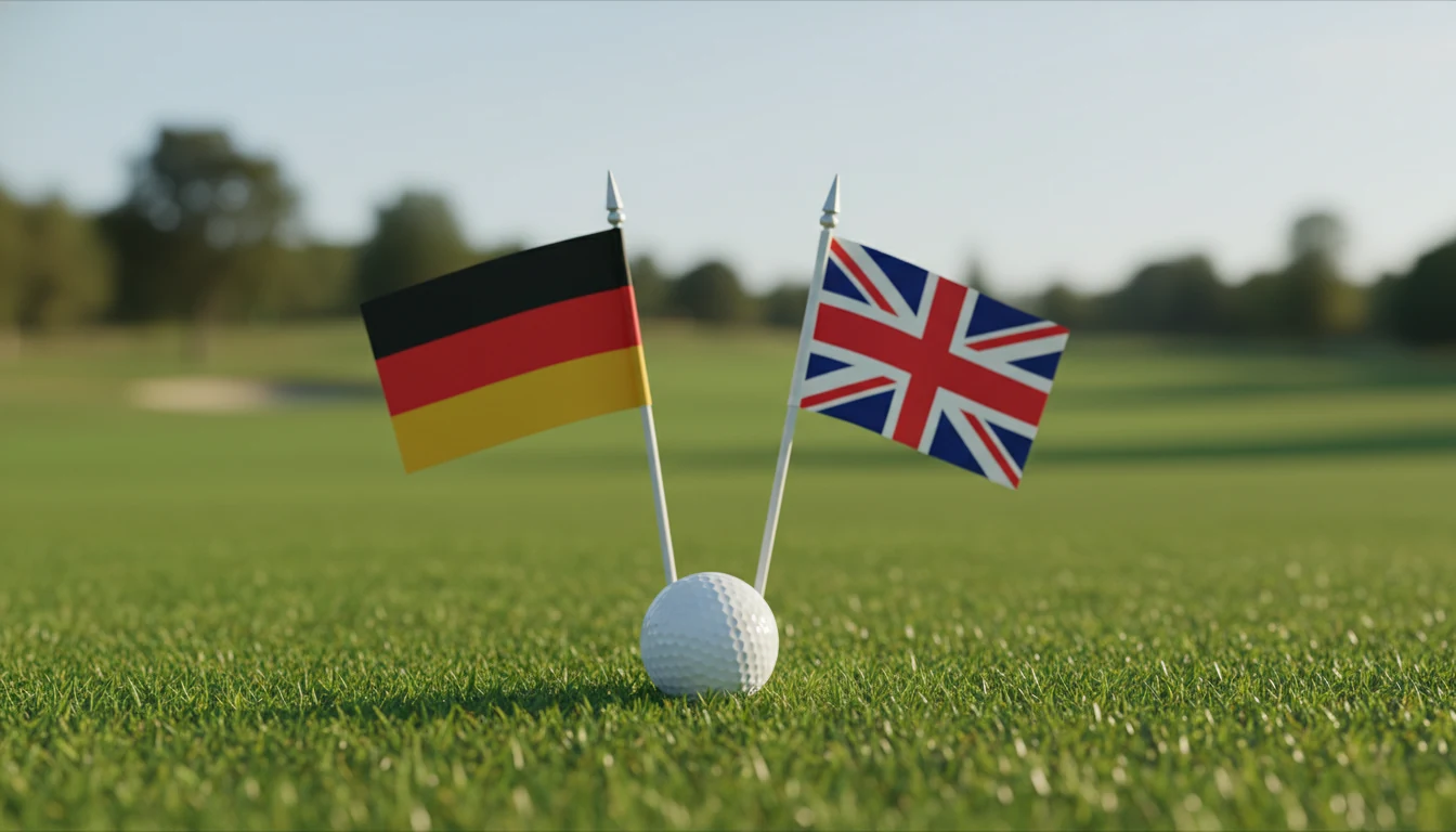 Europäische und britische Flaggen neben einem Golfball