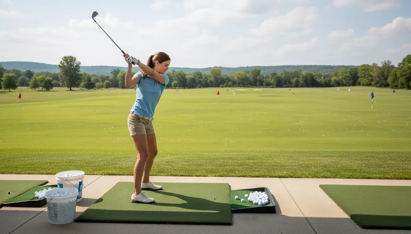 Anfänger-Golfspieler beim ersten Abschlag auf der Driving Range