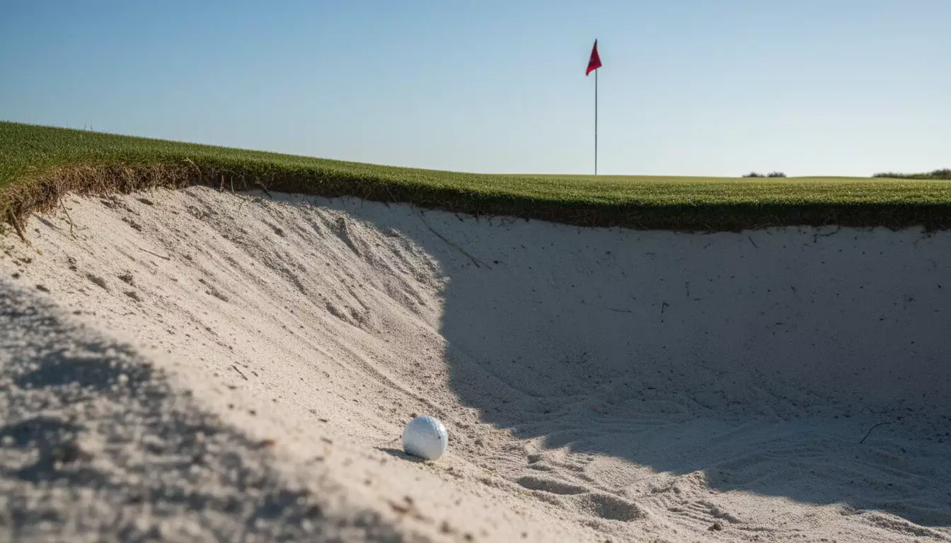 Golfball im Bunker als Symbol für einen schwierigen Fehler