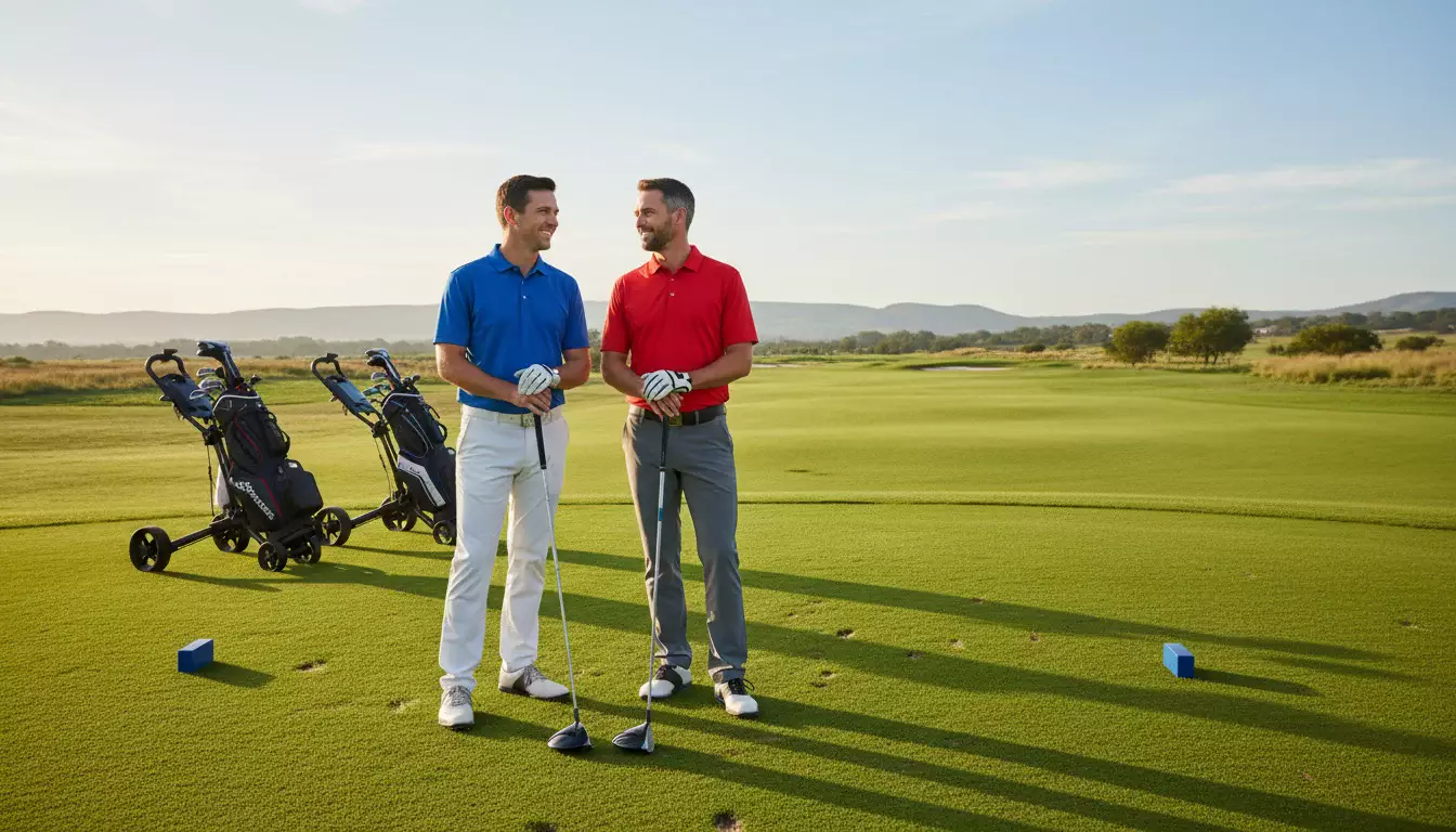 Zwei Golfspieler stehen nebeneinander am Abschlag