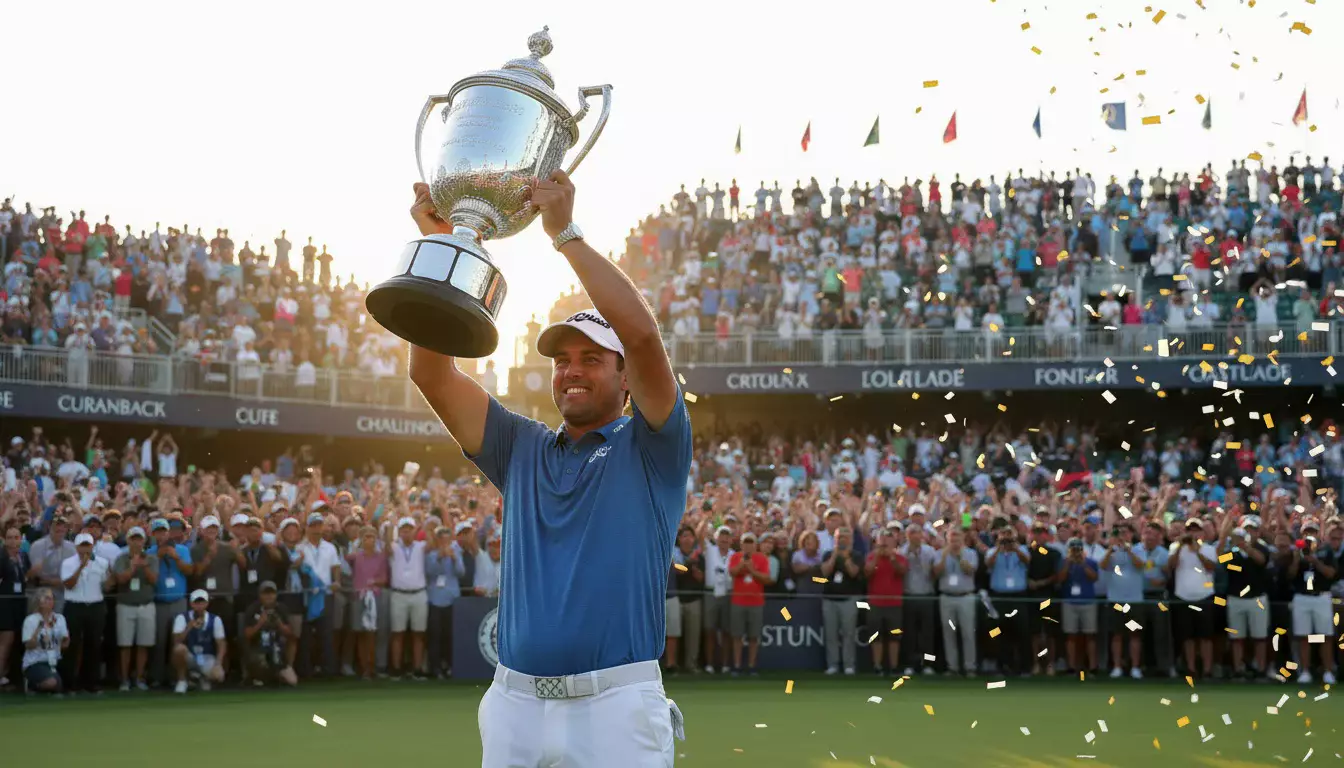 Golfspieler hebt die Trophäe nach einem Saisonsieg