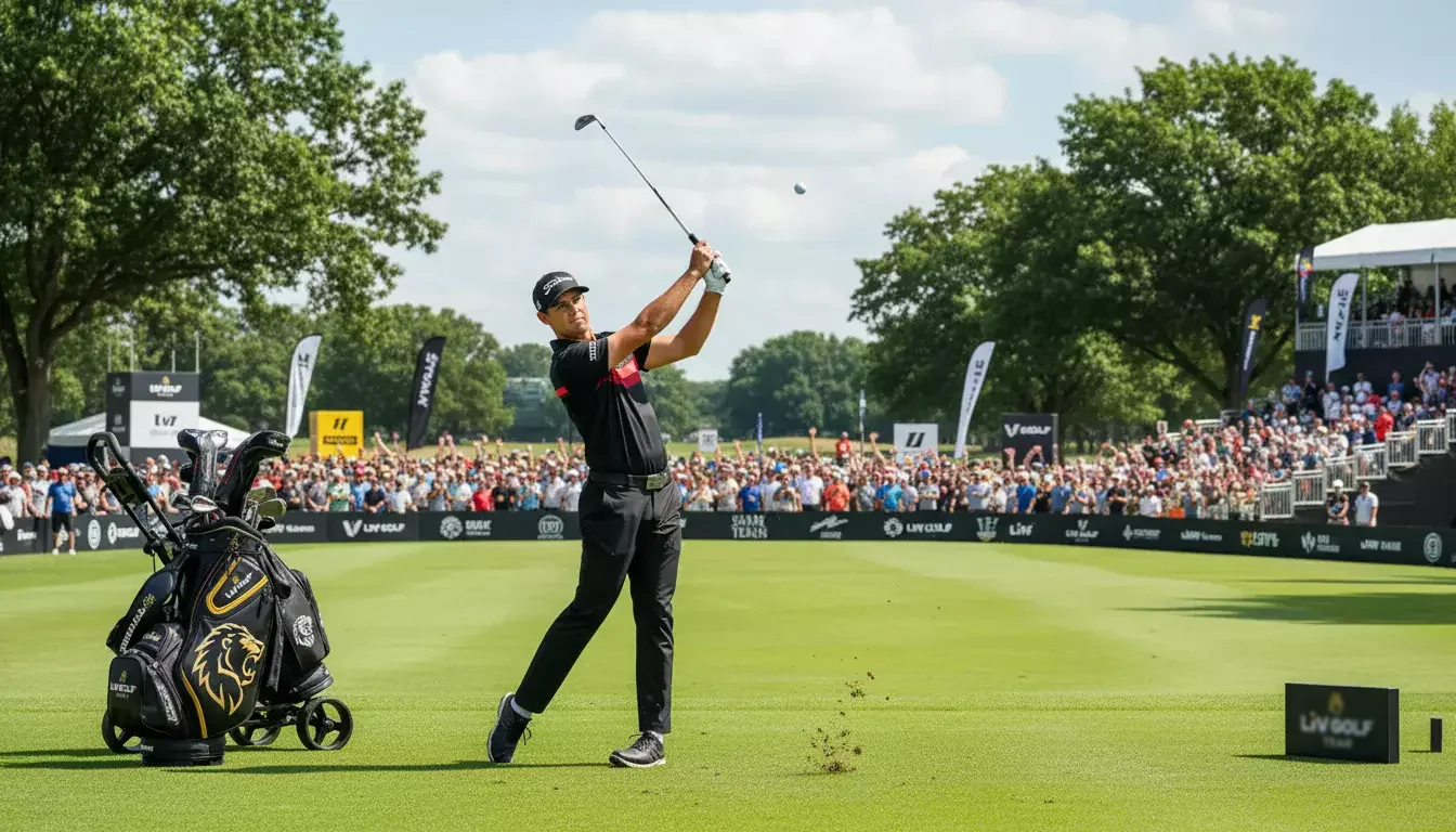 Golfspieler beim Abschlag auf einem modernen Golfplatz bei einem LIV Golf Event
