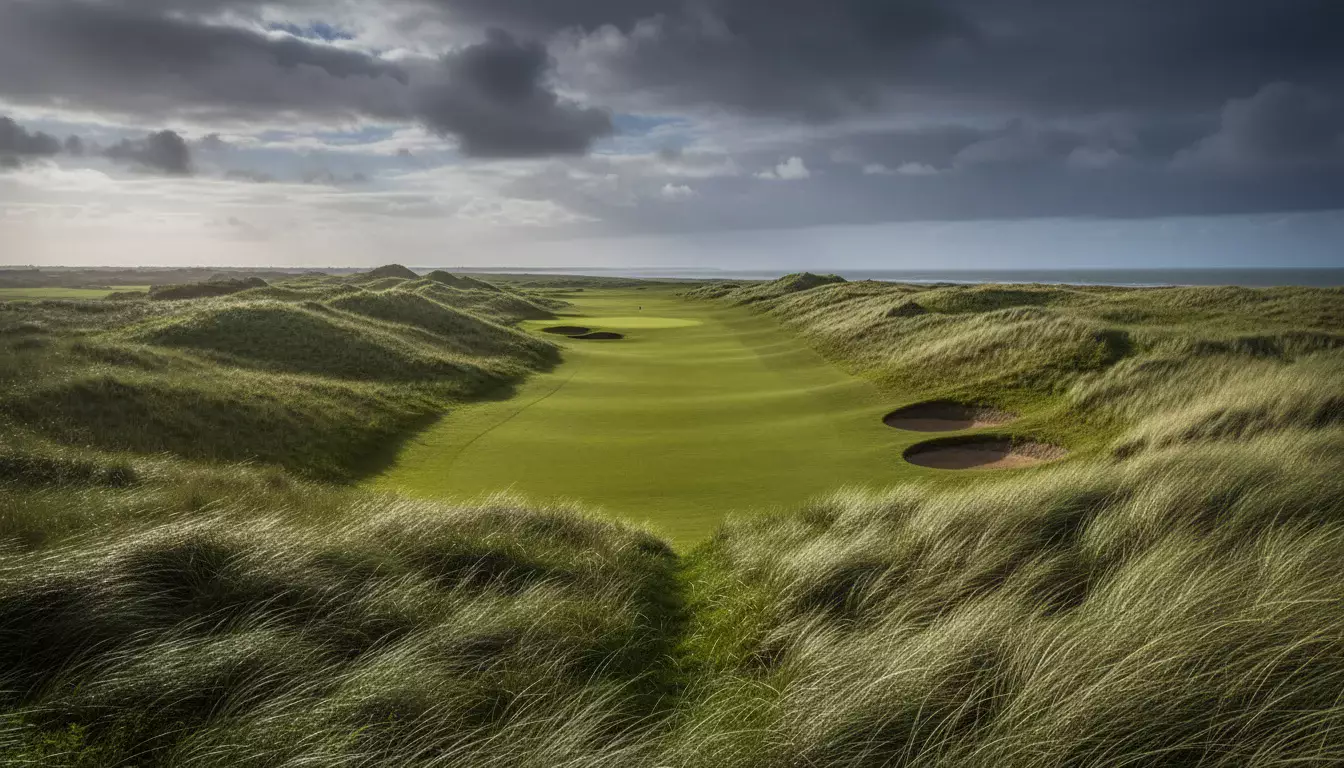 Links-Golfplatz an der britischen Küste mit Wind und Dünen