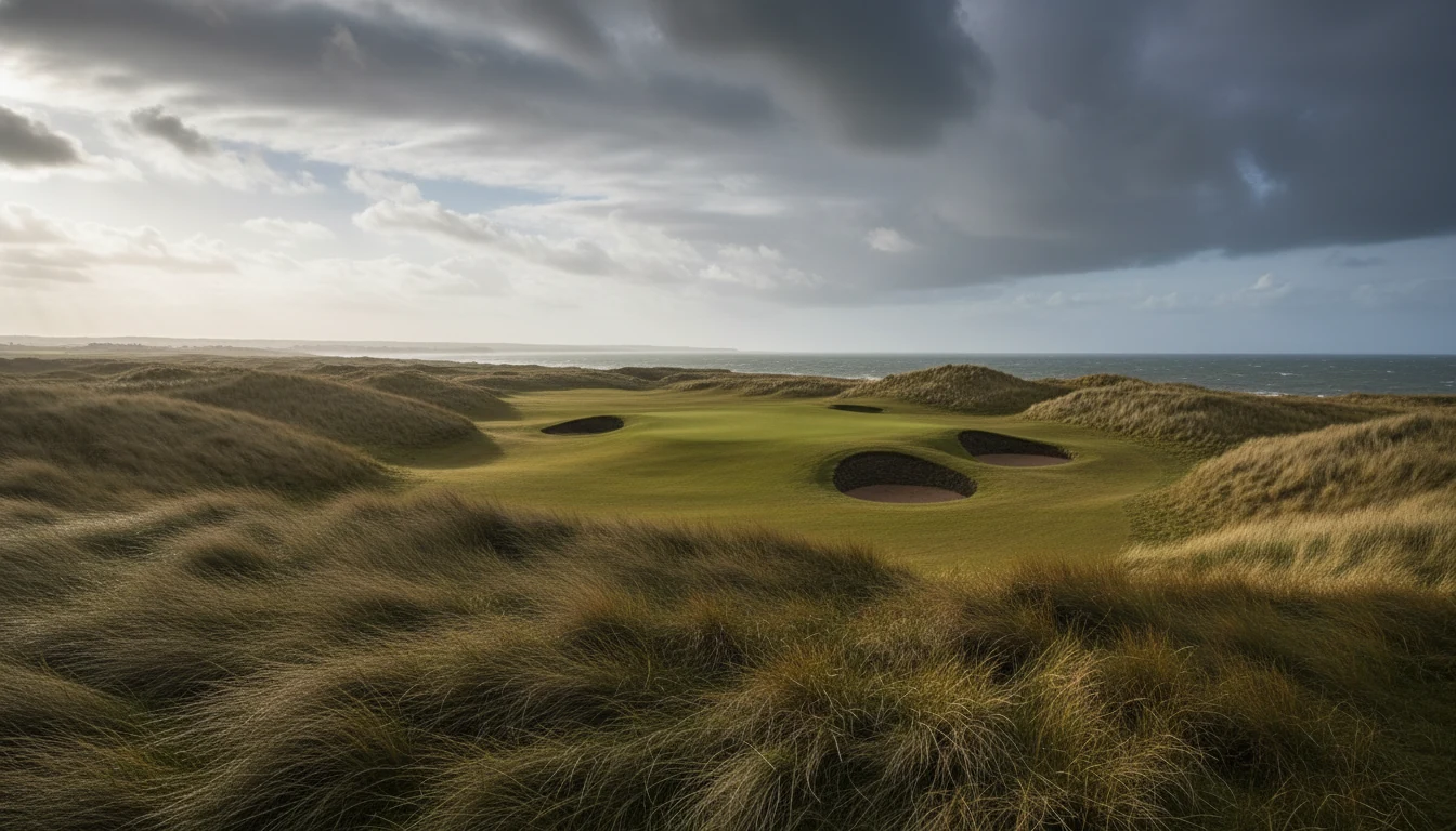 Links-Golfplatz an der britischen Küste bei Wind