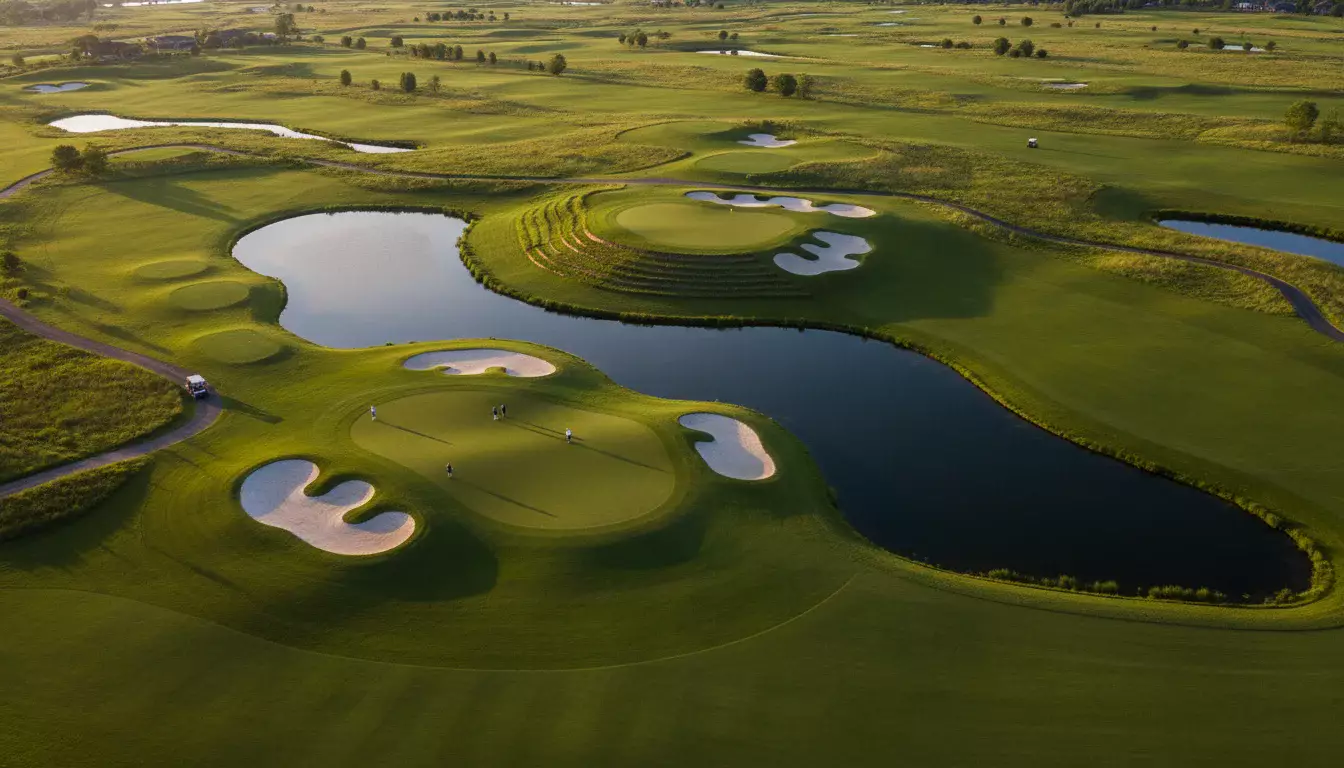 Panoramablick auf einen abwechslungsreichen Golfplatz mit verschiedenen Löchern