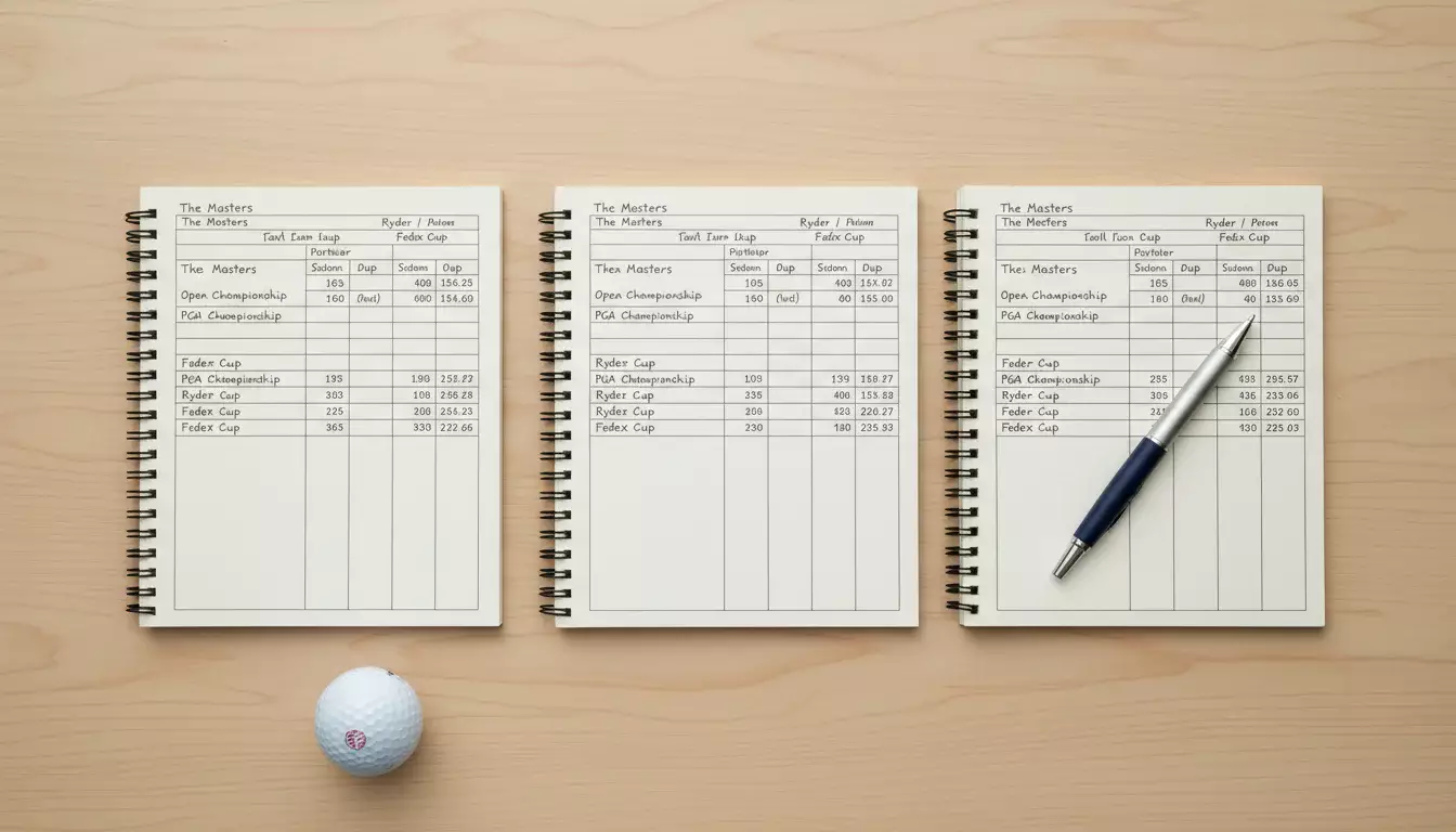 Mehrere aufgeschlagene Notizbücher mit Golfwetten-Vergleichsdaten auf einem Schreibtisch