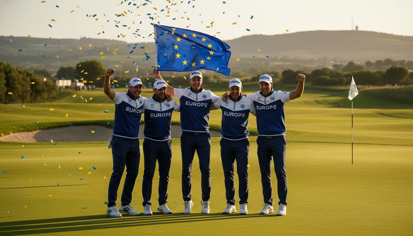 Golfer-Team feiert mit europäischer Flagge beim Ryder Cup