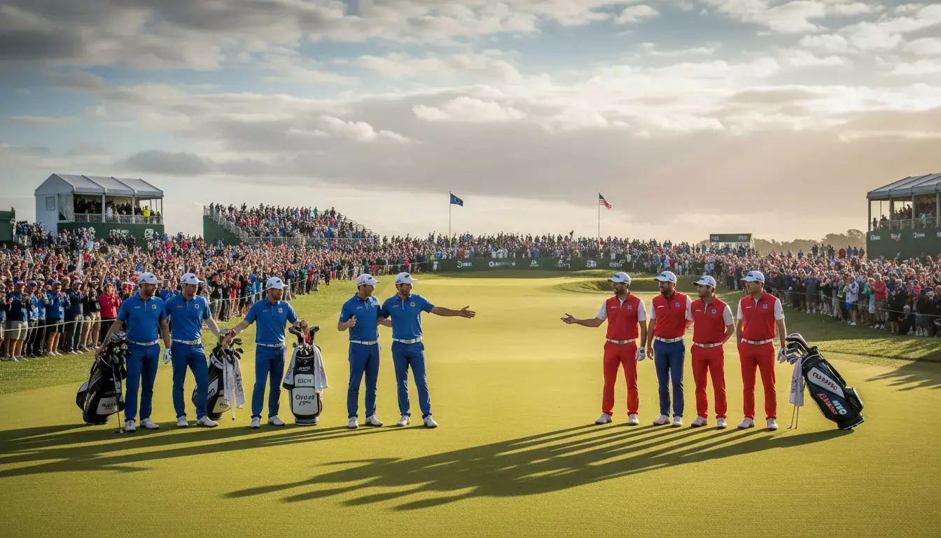 Zwei Golfteams stehen sich auf dem Fairway beim Ryder Cup gegenüber