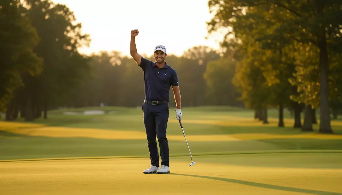 Golfspieler feiert Sieg auf dem Grün mit Putter in der Hand