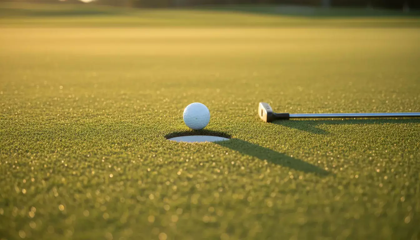 Golfball rollt direkt auf das Loch auf dem Grün zu