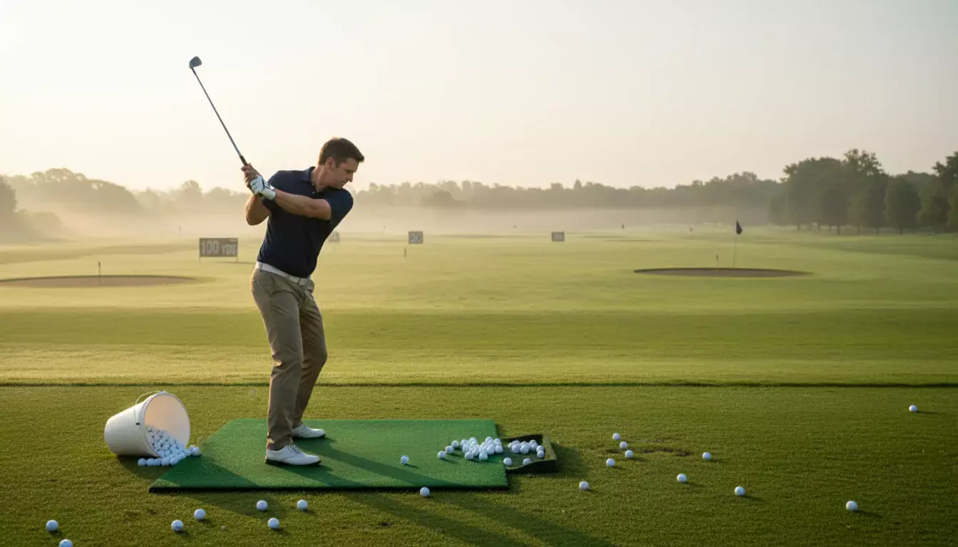 Golfspieler beim konzentrierten Training auf der Driving Range