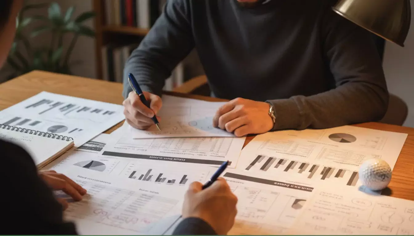 Person analysiert Golfdaten an einem Schreibtisch mit Notizen