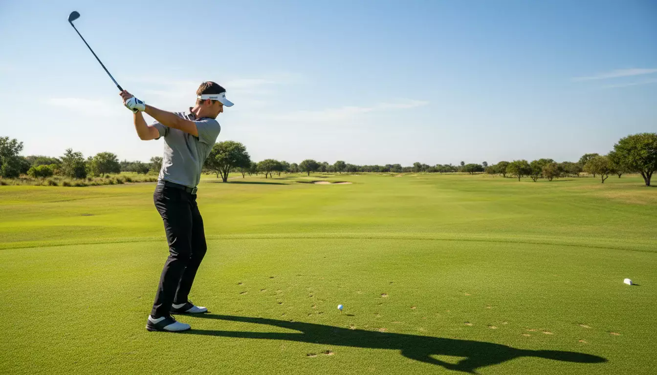 Golfspieler beim Abschlag mit Driver auf dem Tee