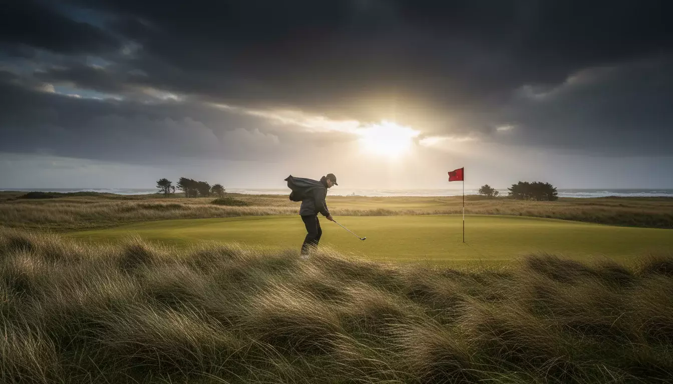 Golfspieler im Wind auf einem Golfplatz bei stürmischem Wetter